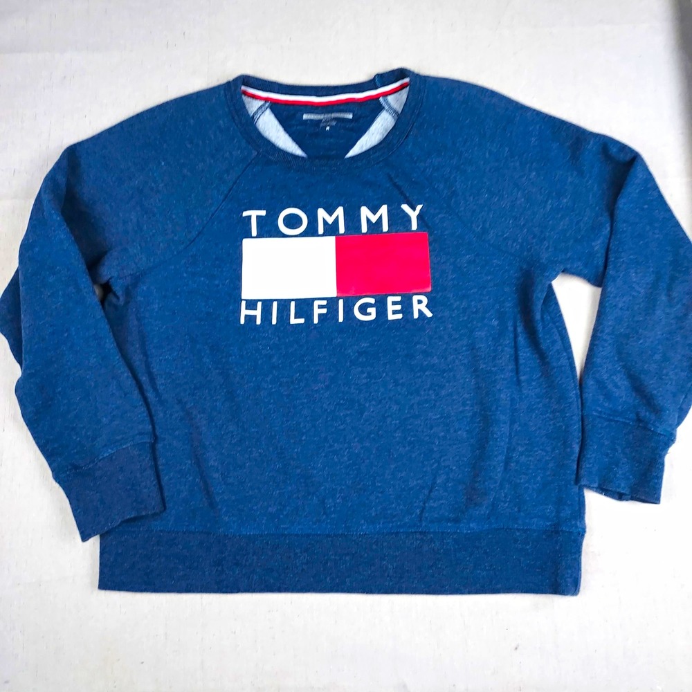 Tommy Hilfiger Sport Mens M Blue Crewneck Logo Fleece Pullover Sweatshirt